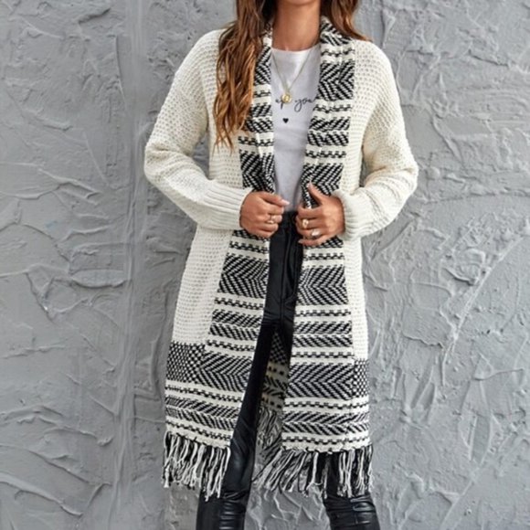 H&M Black & White Long Fringe Cardigan - Picture 1 of 10